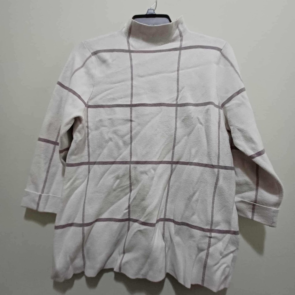 Tahari Womens XL Grid Pattern Mock Neck Tunic Sweater Top‎ Pullover Beige